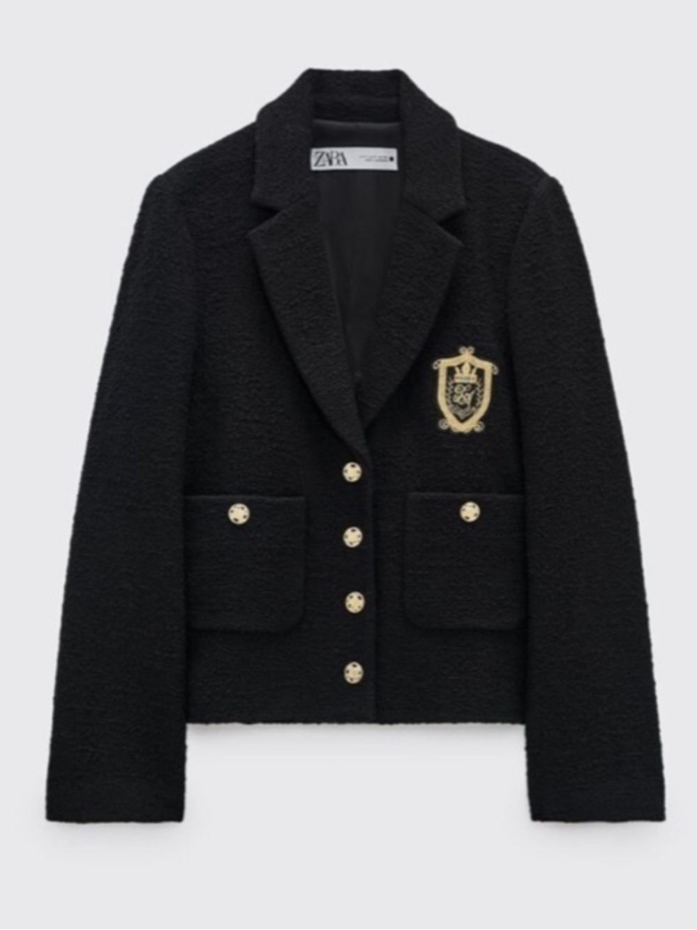 Zara Black Tweed Blazer with Gold Crest and Buttons. Size XS